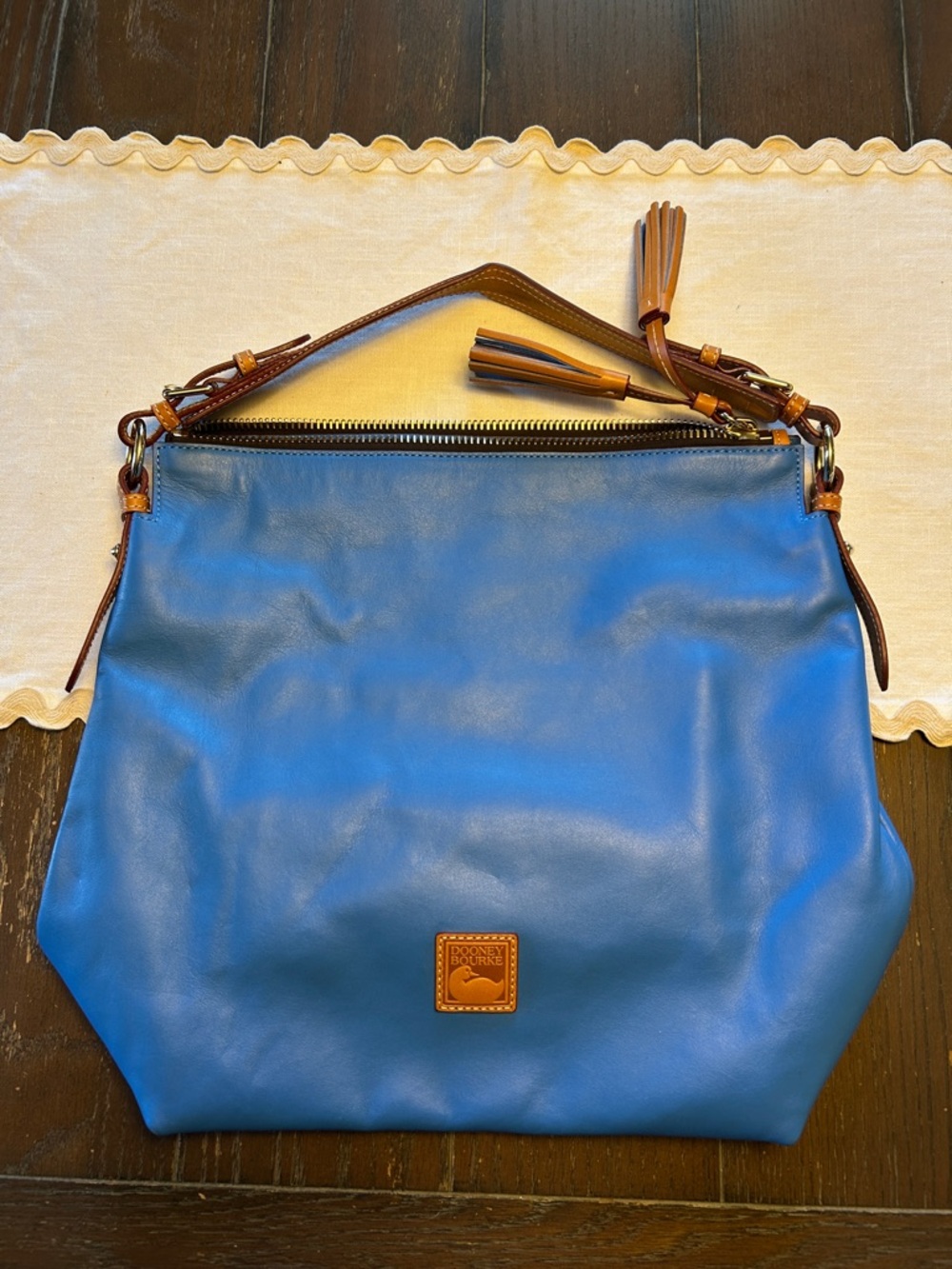 Dooney & Bourke Blue Leather Shoulder Bag with Brown Trim and Tassels